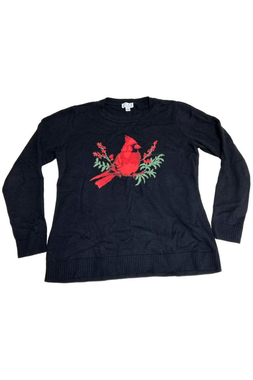 Joan Rivers Women`s Cotton Intarsia Cardinal Crewneck Sweater Black - Regular